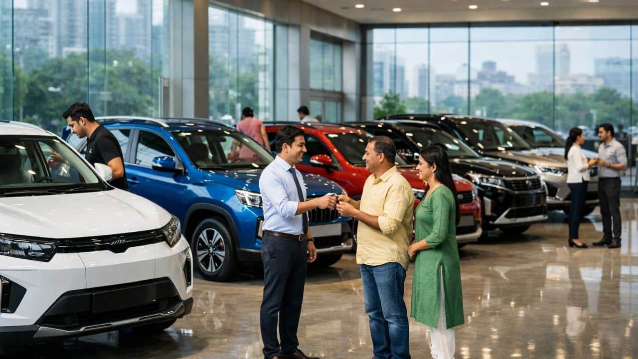 Newly launched cars lined up at an Indian dealership with deliveries underway in 2026