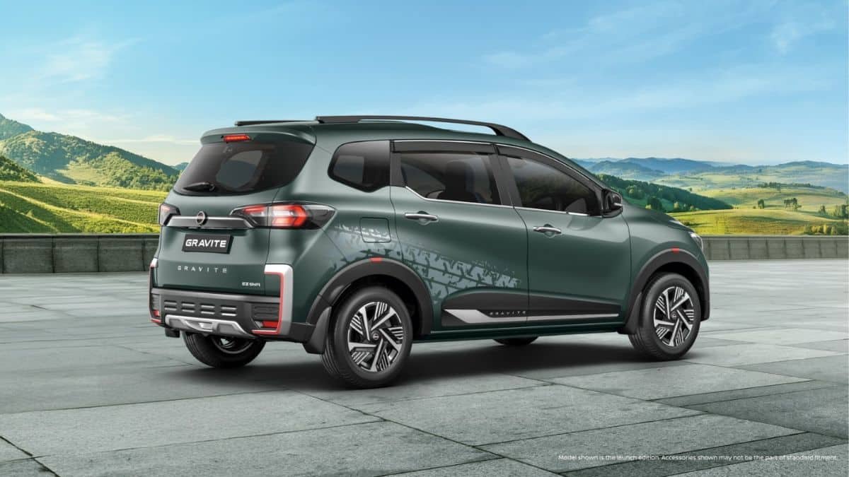 Nissan Gravite 2026 front three quarter view in India showing bold grille and SUV inspired styling