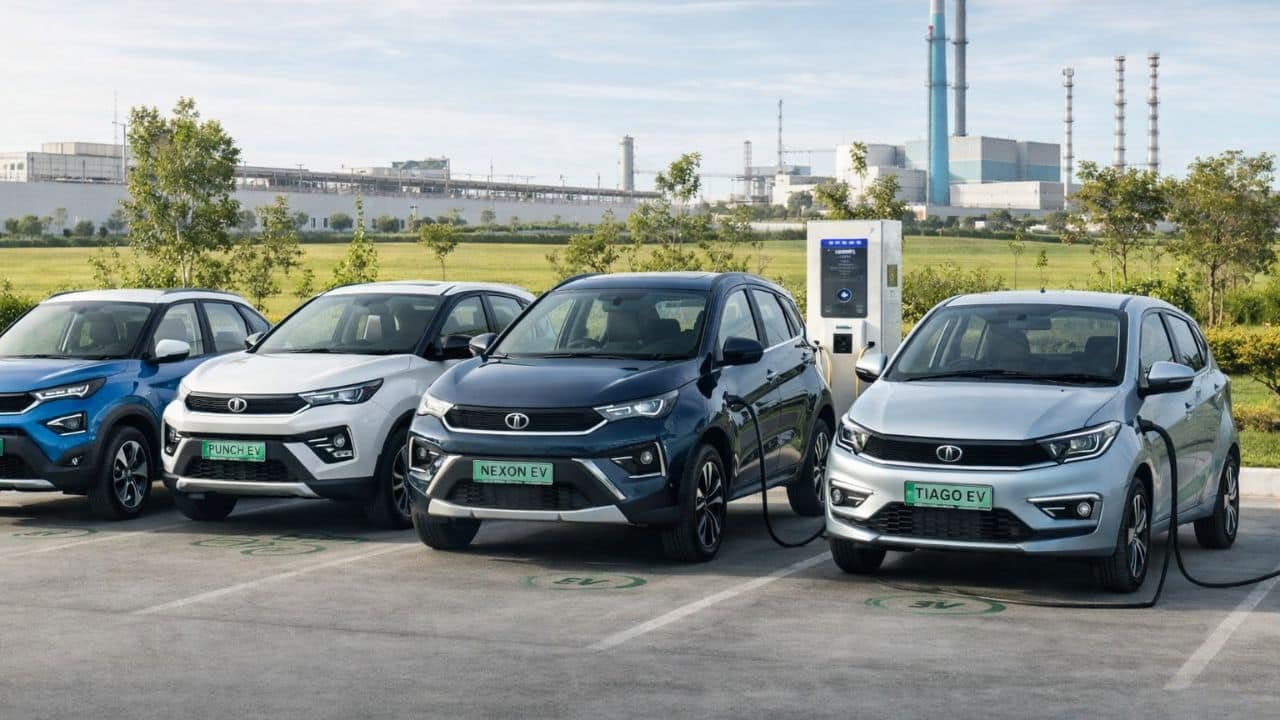 Tata electric vehicles lined up in India highlighting record EV adoption and growing buyer confidence
