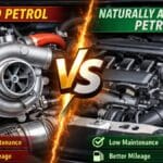 Turbo petrol vs naturally aspirated petrol engine comparison showing turbocharger close-up and standard petrol engine bay in India