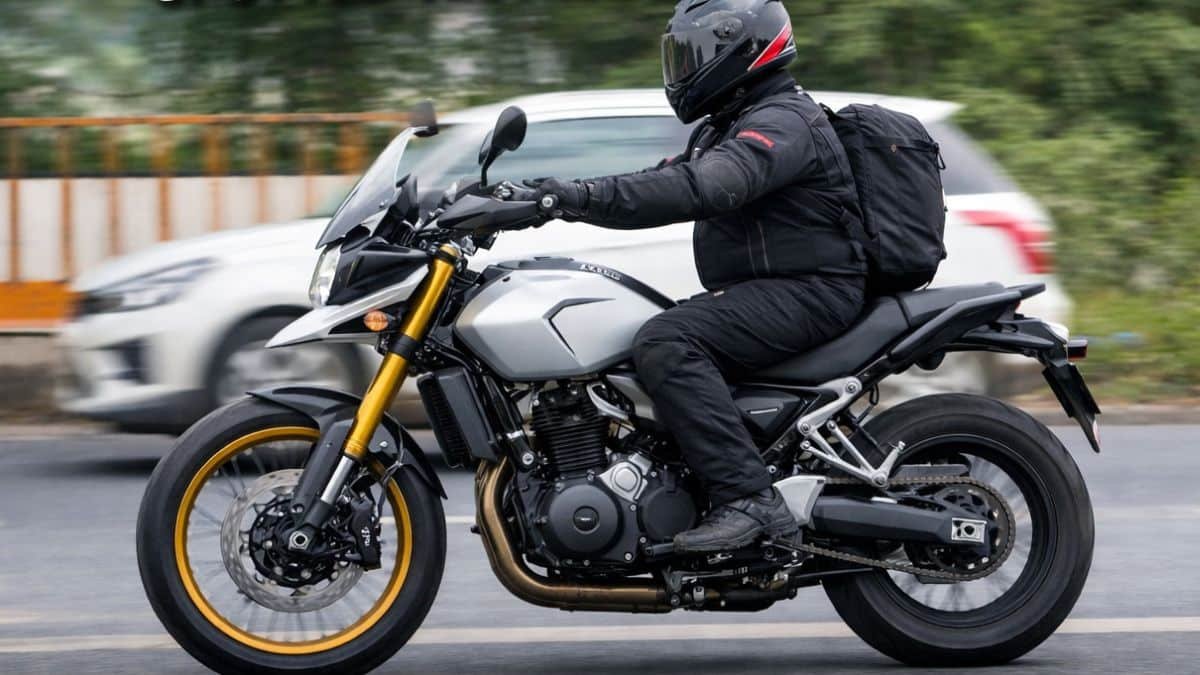 TVS built Norton Atlas new variant spotted testing in India showing 19 inch front wheel and adventure styling