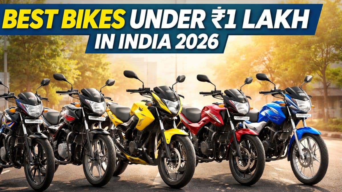 Best bikes under ₹1 lakh in India 2026 lineup showing budget commuter motorcycles on city road
