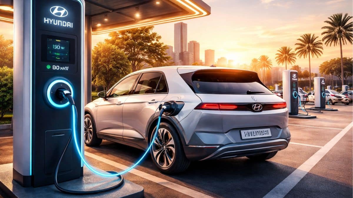 Hyundai electric car charging at a modern EV charging station in India, representing the expansion of Hyundai EV charging network and growing electric vehicle infrastructure in 2026.