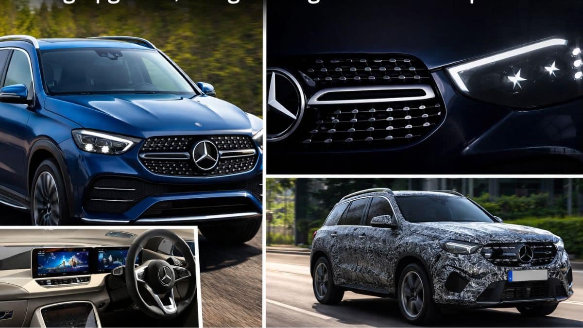 Upcoming Mercedes SUVs preview showing luxury SUV design, LED headlights, interior dashboard, and camouflaged test model