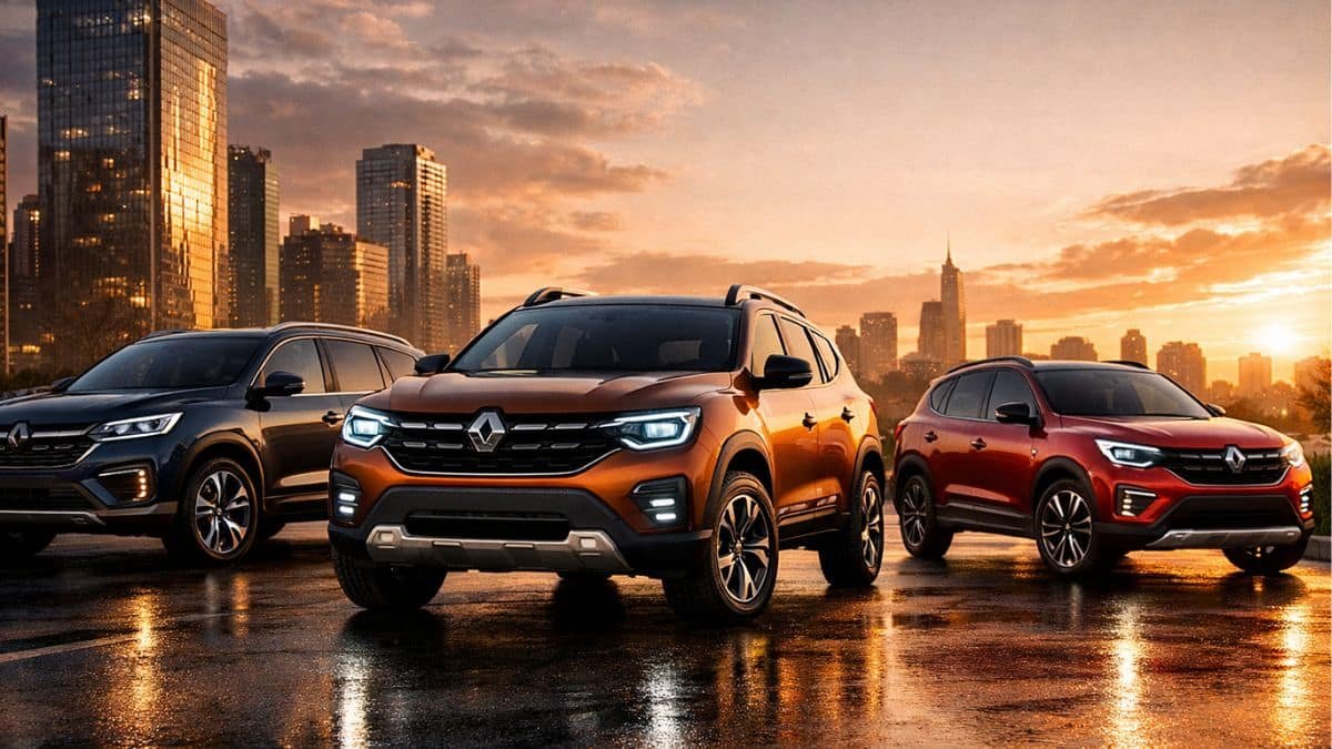Renault upcoming SUV lineup featuring next-generation Duster, new 7-seater SUV, and compact urban SUV showcased on a city road at sunset.