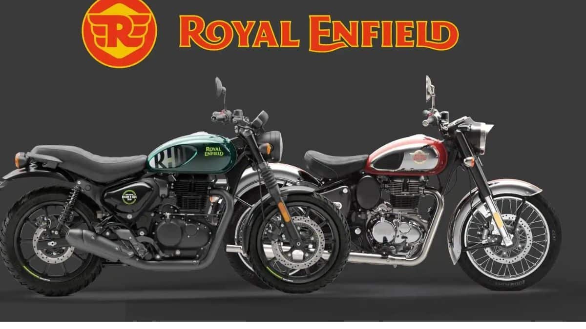 Royal Enfield motorcycles lined up at dealership after February sales growth