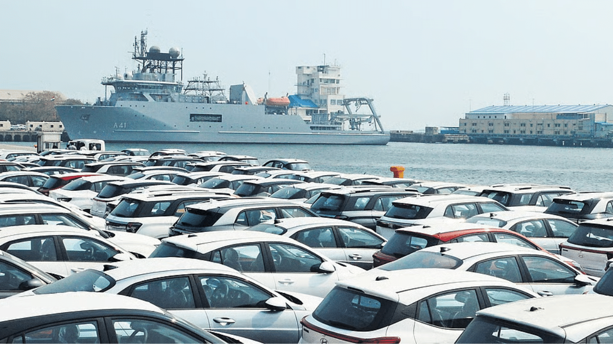 Hyundai vehicles lined up at an Indian port awaiting export to Gulf countries after shipment disruption due to West Asia conflict.