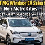 MG Windsor EV driving in Indian tier 2 city showing electric vehicle adoption in non metro areas