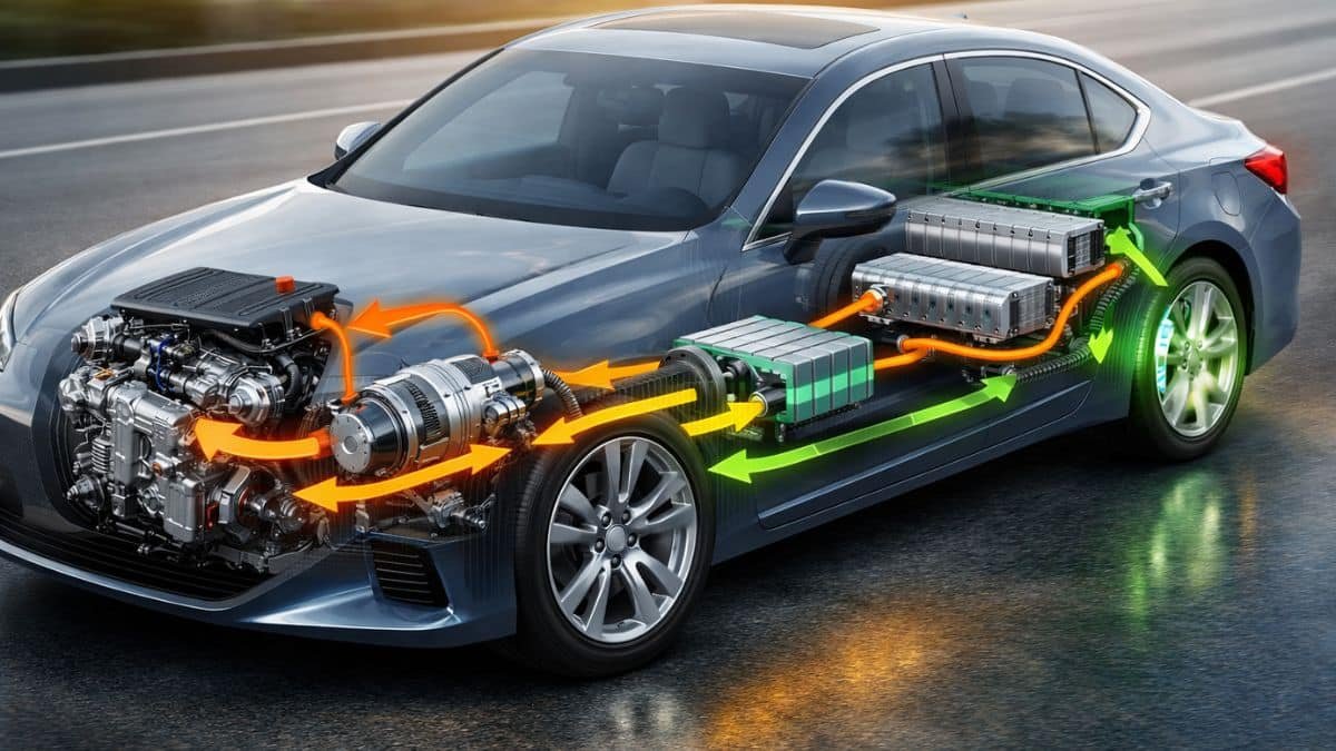 Hybrid car powertrain diagram showing petrol engine electric motor battery and regenerative braking system working together