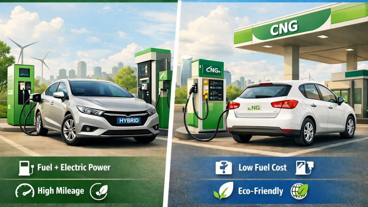 Hybrid car vs CNG car comparison showing fuel efficiency, running cost, and eco-friendly benefits for Indian car buyers.