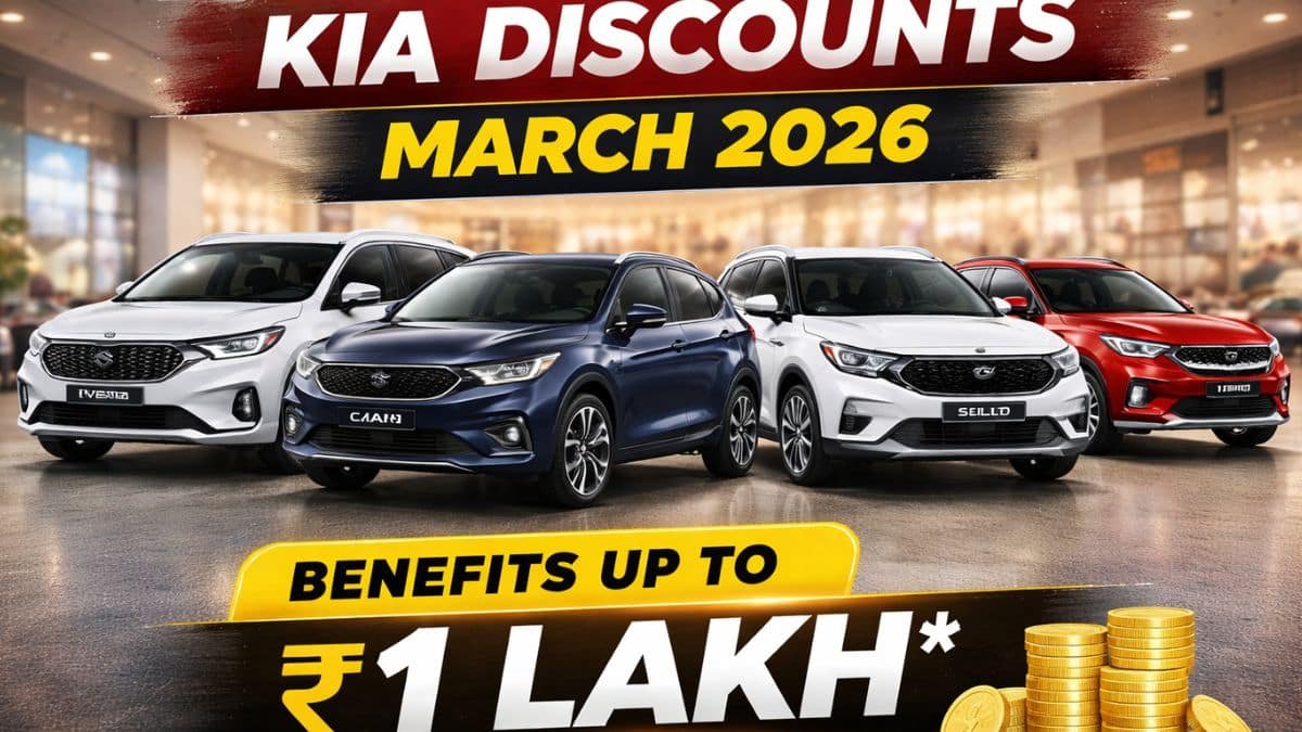 Kia cars lineup including Sonet, Seltos, Carens and Carnival with March 2026 discount offers in India.
