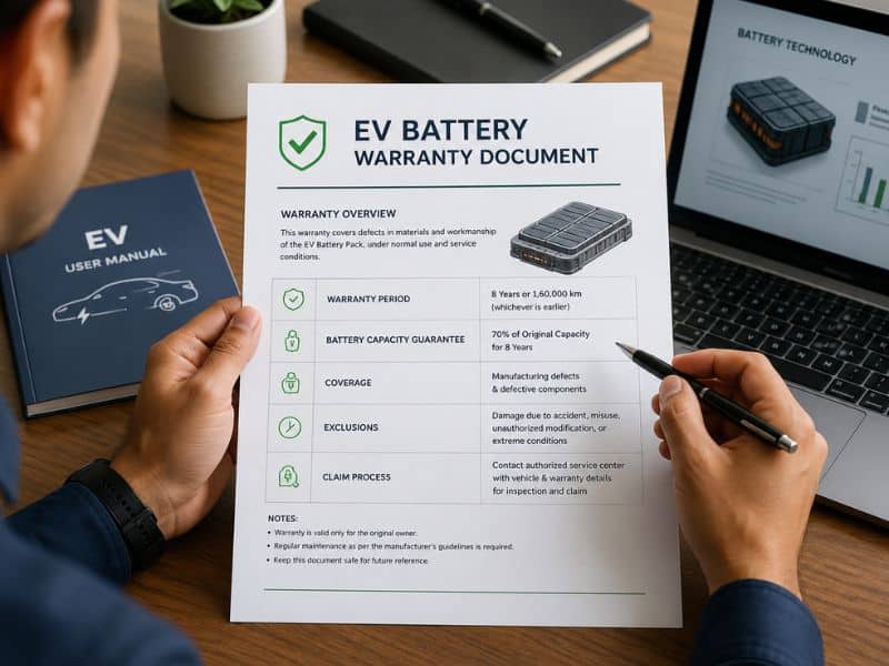 Buyer reviewing an electric vehicle battery warranty document at a dealership