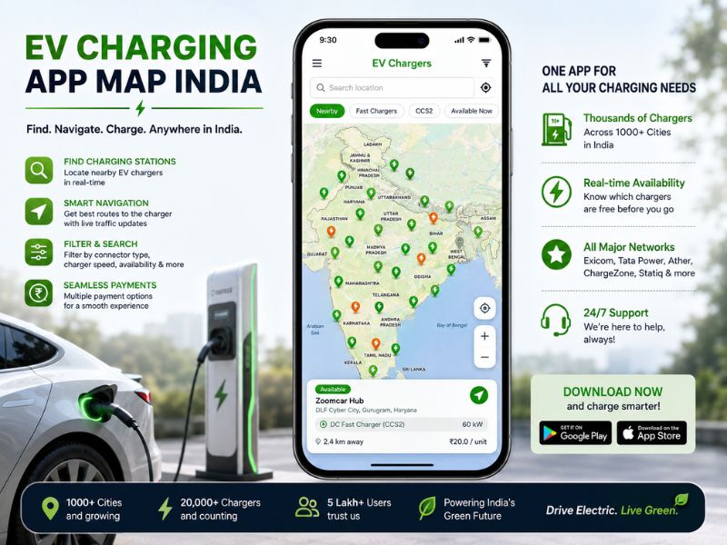 Smartphone app showing nearby EV charging station locations in an Indian city
