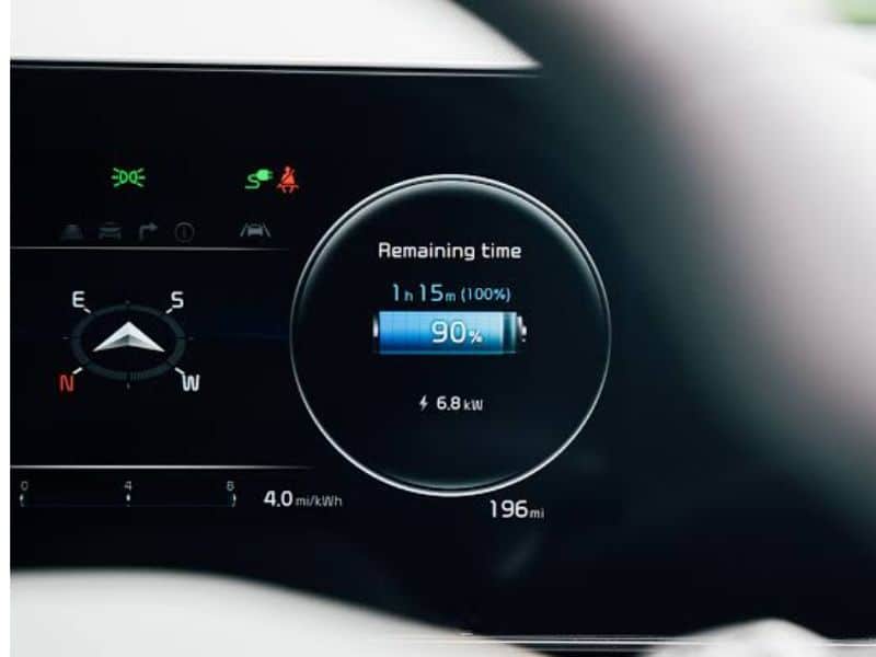 EV dashboard display showing battery charged to 90 percent