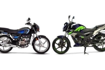 Popular commuter motorcycles under ₹1 lakh parked outside an Indian dealership