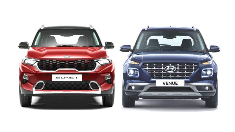 Hyundai Venue and Kia Sonet compact SUVs, two of the top sellers in India's sub-4 metre SUV segment in June 2026.