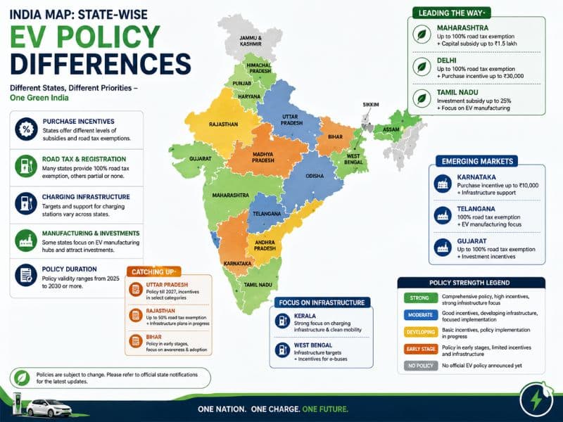 Illustration representing varying state-level EV incentive policies across India