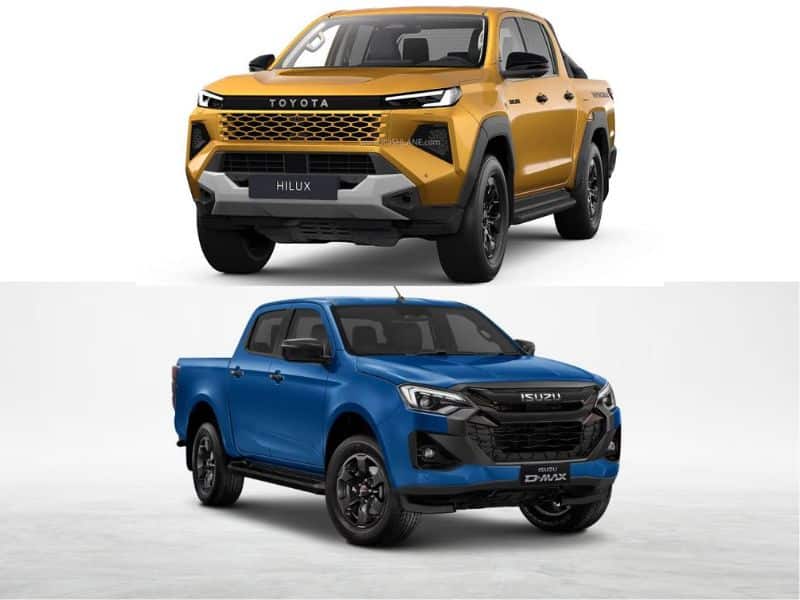 Isuzu D-Max V-Cross parked alongside the outgoing Toyota Hilux, the new-gen Hilux's key rival in India's lifestyle pickup segment.