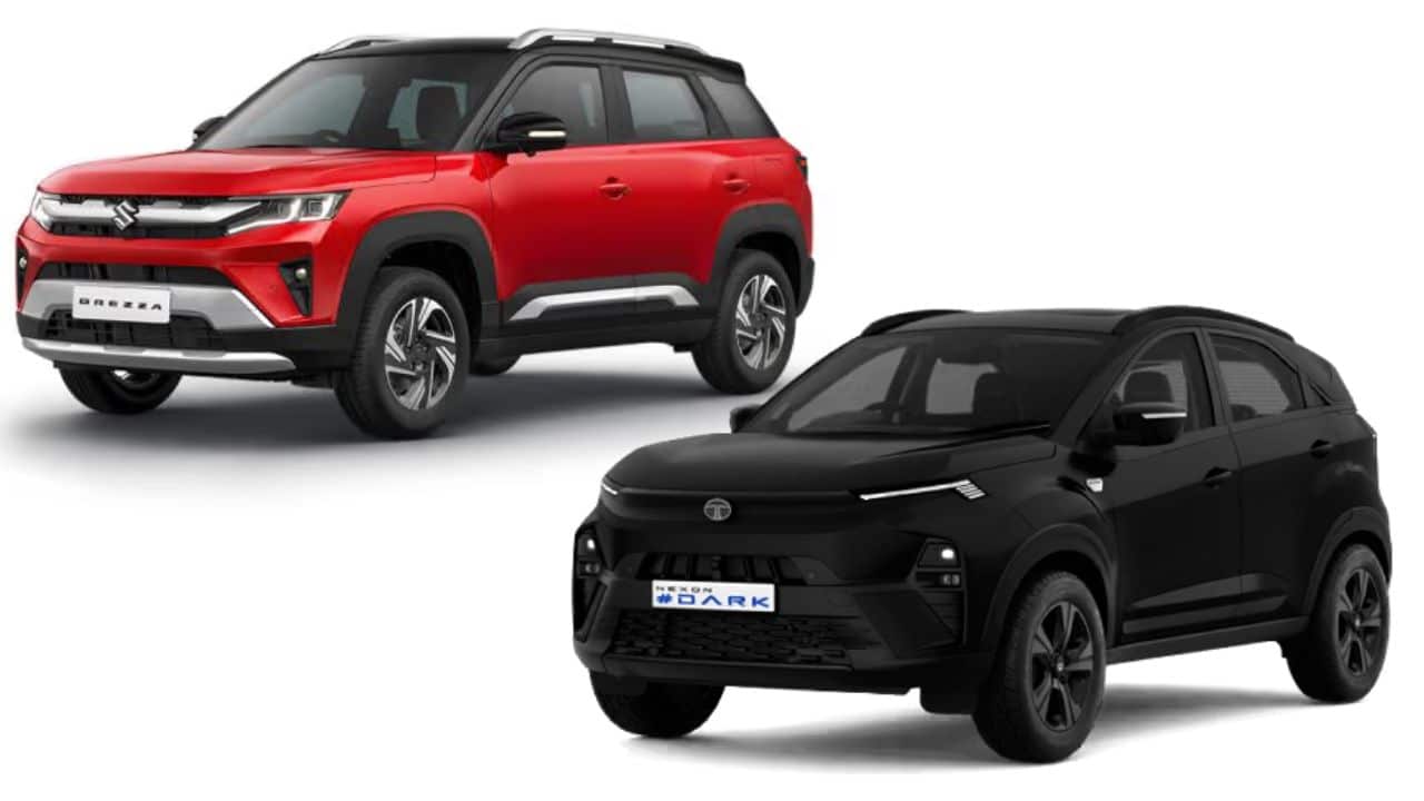 Maruti Suzuki Brezza 2026 facelift parked beside a Tata Nexon compact SUV for comparison