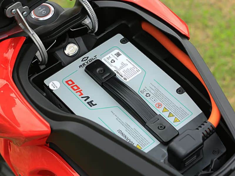 Revolt RV400 electric motorcycle with its removable battery pack visible