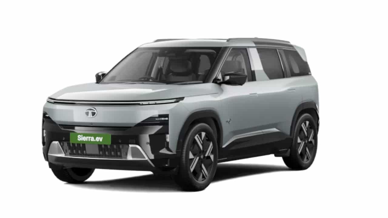 Tata Sierra EV electric SUV parked outdoors showing front fascia and LED light bar