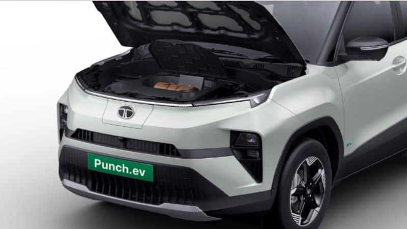 Tata Sierra EV front trunk (frunk) shown open with storage space
