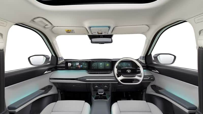 Tata Sierra EV cabin showing triple-screen dashboard layout and dual-tone upholstery