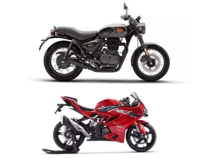 Side-by-side comparison of a commuter motorcycle and a sports motorcycle on an Indian road