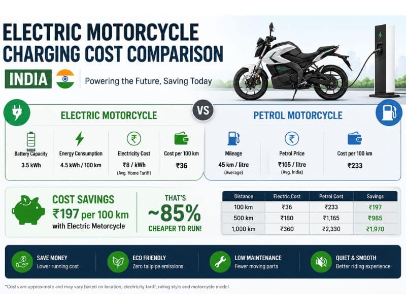 Electric motorcycle charging at home representing lower running costs compared to petrol