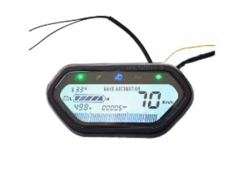 Digital instrument cluster on an electric motorcycle showing battery range