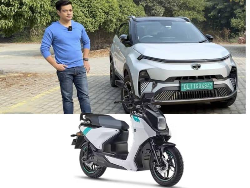 Electric scooter and electric car parked together representing two-wheeler and car ownership