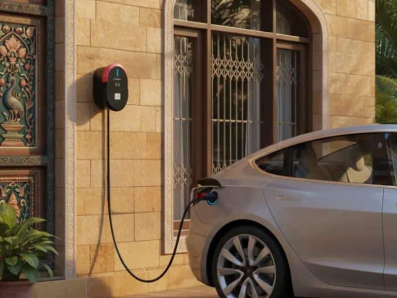 Home electric vehicle charger mounted on a wall with car plugged in