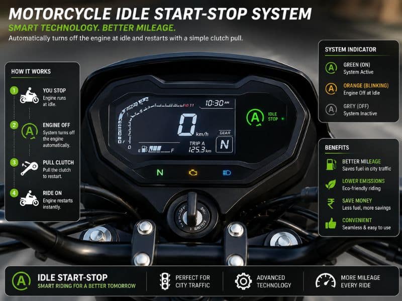Motorcycle instrument cluster showing idle start-stop indicator