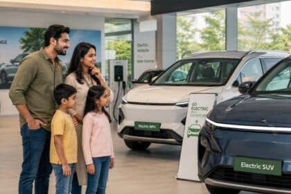 Buyer inspecting an electric car at a showroom in India