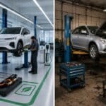 Side-by-side comparison of an EV at a service center and a petrol car in a mechanic's workshop
