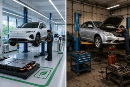 Side-by-side comparison of an EV at a service center and a petrol car in a mechanic's workshop