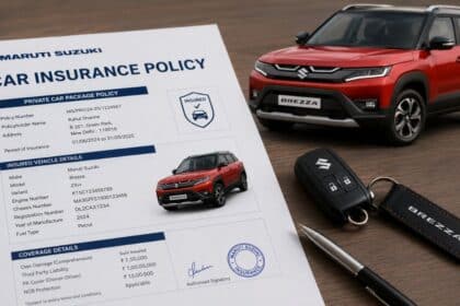 Maruti Suzuki Brezza parked with car insurance policy documents on the dashboard