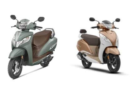 Honda Activa, TVS Jupiter and other top-selling scooters lined up at an Indian dealership in 2026.