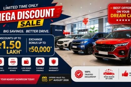 New cars displayed at an Indian dealership showroom with a festive discount offer banner, representing the August 2026 discount outlook.