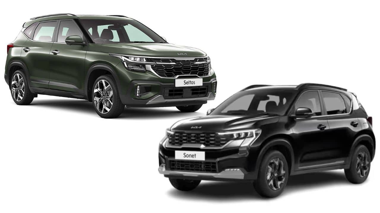 Kia Seltos and Sonet SUVs displayed at an Indian dealership, representing Kia India's record July 2026 sales performance.