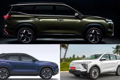 Side-by-side comparison graphic of the upcoming MG Hector Hawk electric SUV, the Tata Harrier EV, and the Mahindra XEV 9S electric SUVs sold in India.