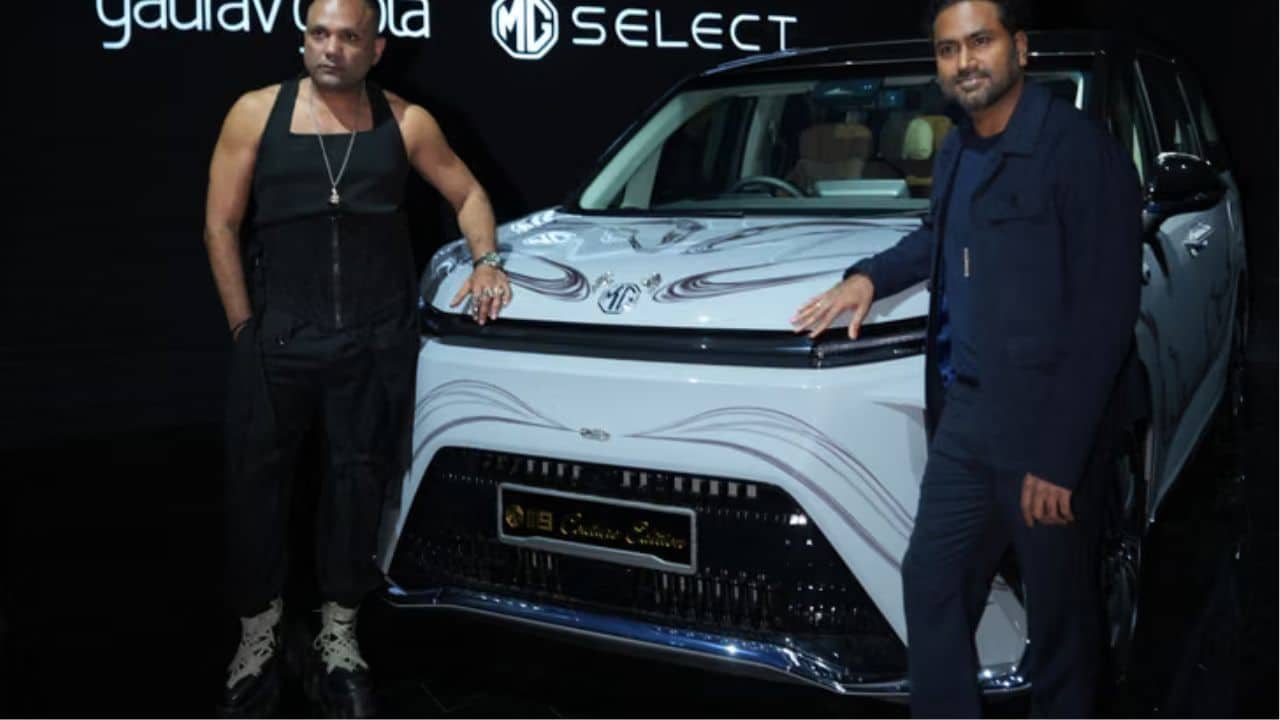 MG M9 luxury MPV and Cyberster electric roadster Couture Editions showcased at the Jio World Convention Centre in Mumbai with Serpent Infinity design detailing.