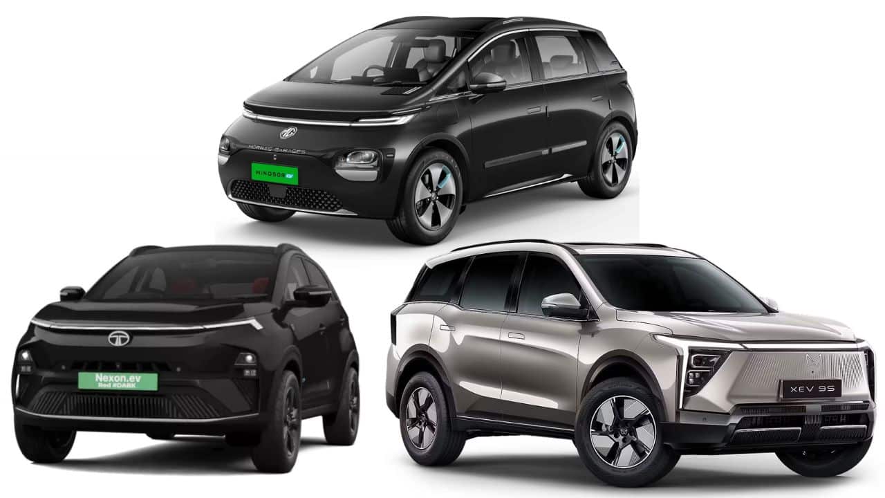 MG Windsor, Mahindra XEV 9S and Tata Nexon EV parked together, representing India's top-selling electric cars in 2026.