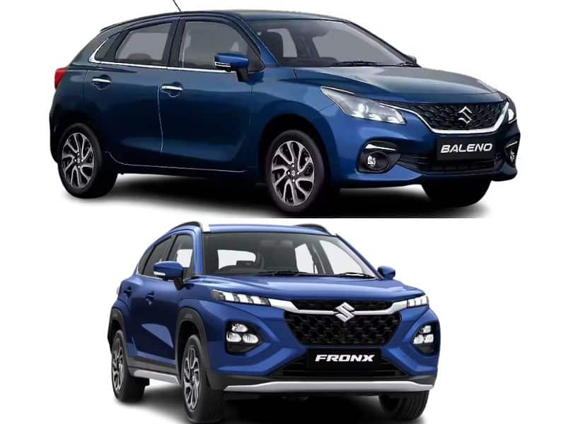 Maruti Suzuki Baleno and Fronx hatchbacks on display at an Indian dealership, models currently carrying dealer discounts.