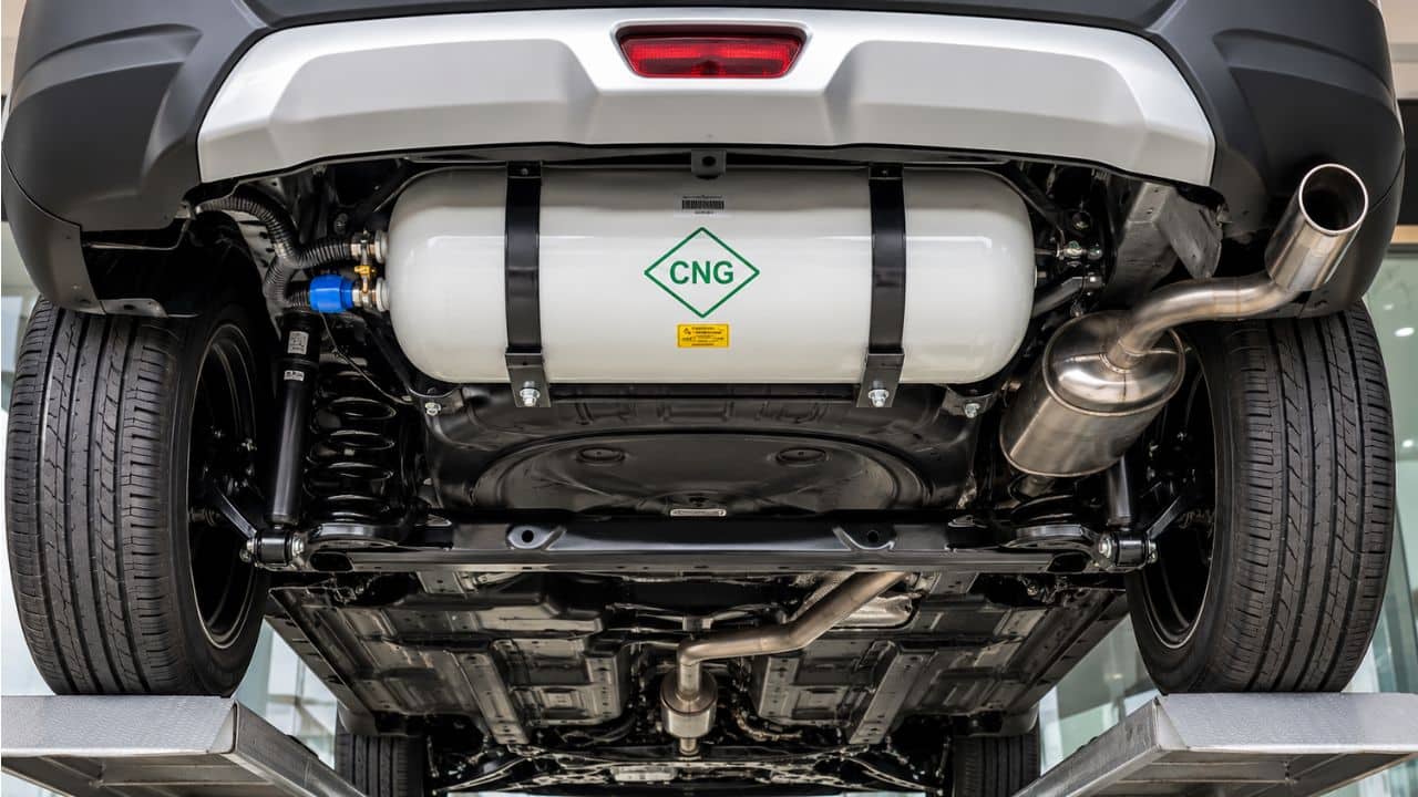 Underbody-mounted CNG tank on the Maruti Suzuki Brezza 2026, viewed from beneath the rear chassis