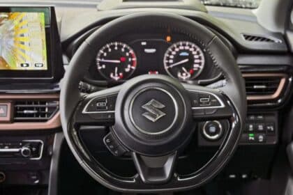 Steering wheel-mounted cruise control buttons on the Maruti Suzuki Brezza 2026 facelift