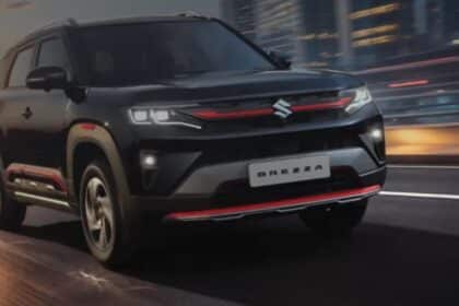 Front three-quarter view of the 2026 Maruti Suzuki Brezza facelift parked outdoors