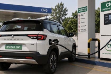 Maruti Suzuki Brezza 2026 being refuelled with CNG at a filling station