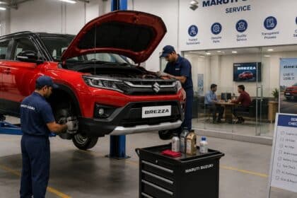 Maruti Suzuki Brezza undergoing routine maintenance at an authorized service center