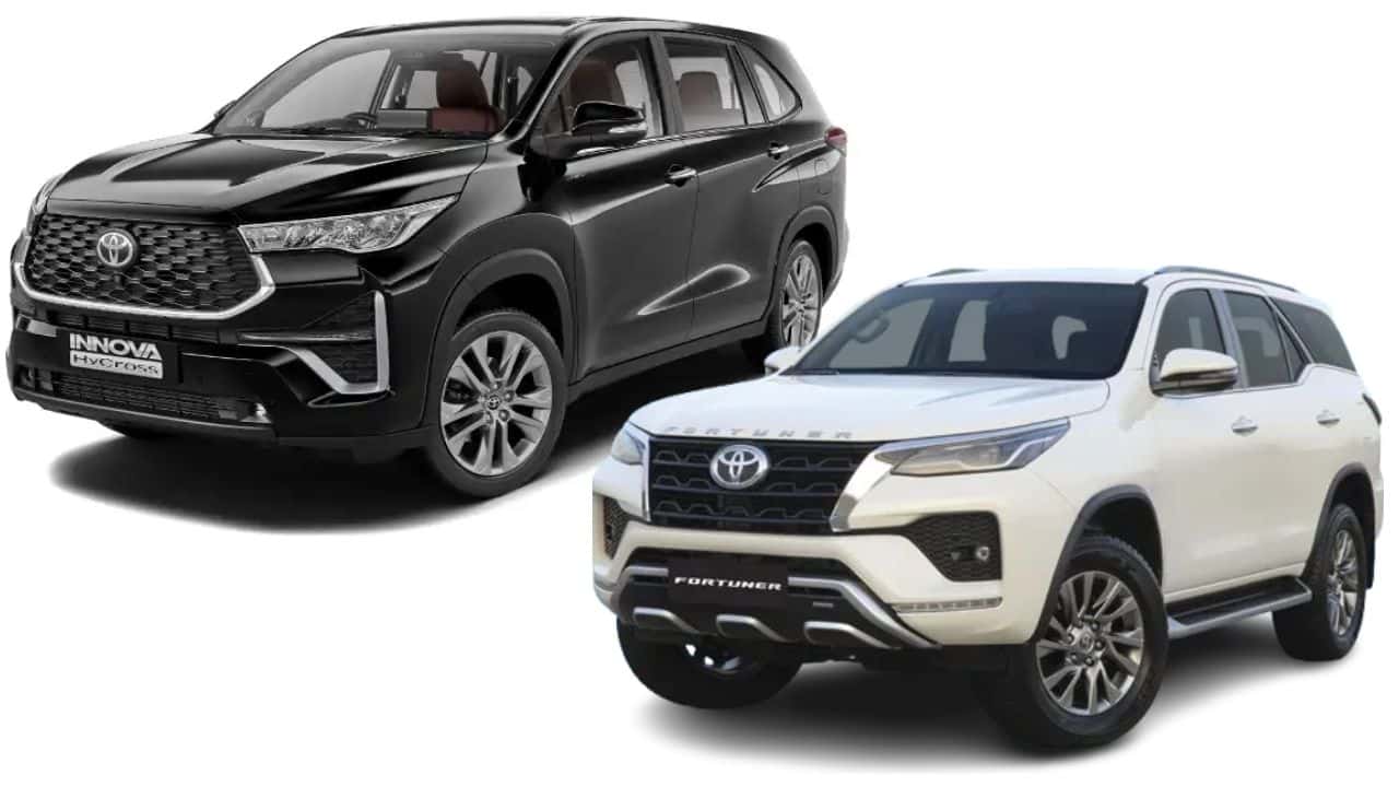 Toyota Innova Hycross and Fortuner SUVs displayed at an Indian dealership, representing Toyota Kirloskar Motor's July 2026 sales performance.